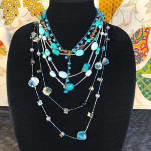 4 Necklace Lot Blue Theme MOP Tigers Eye Yellow Beads Faux Turquoise Nugget Bead